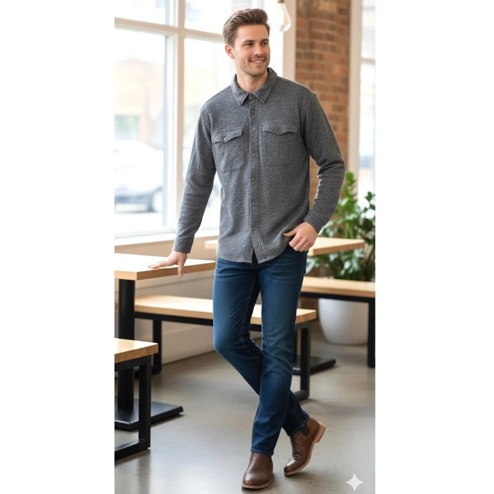 J Crew XL Gray Waffle Thermal‎ Lined Shirt Men Shacket Workwear Gorpcore Utility